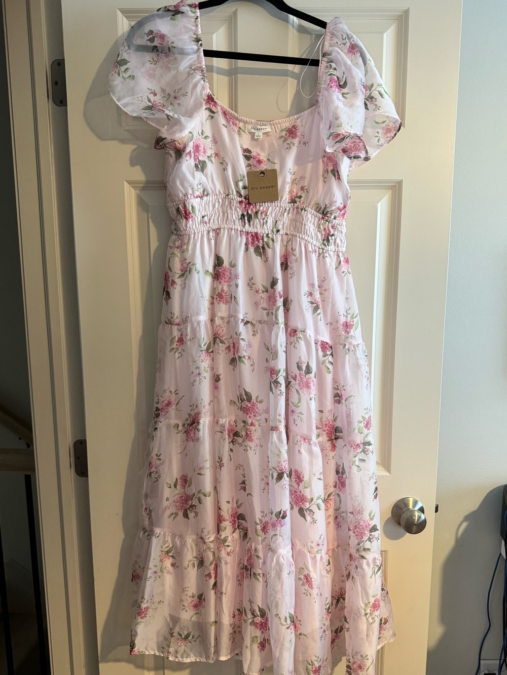 Blu Pepper Pink Floral Puff-Sleeve Tiered Dress